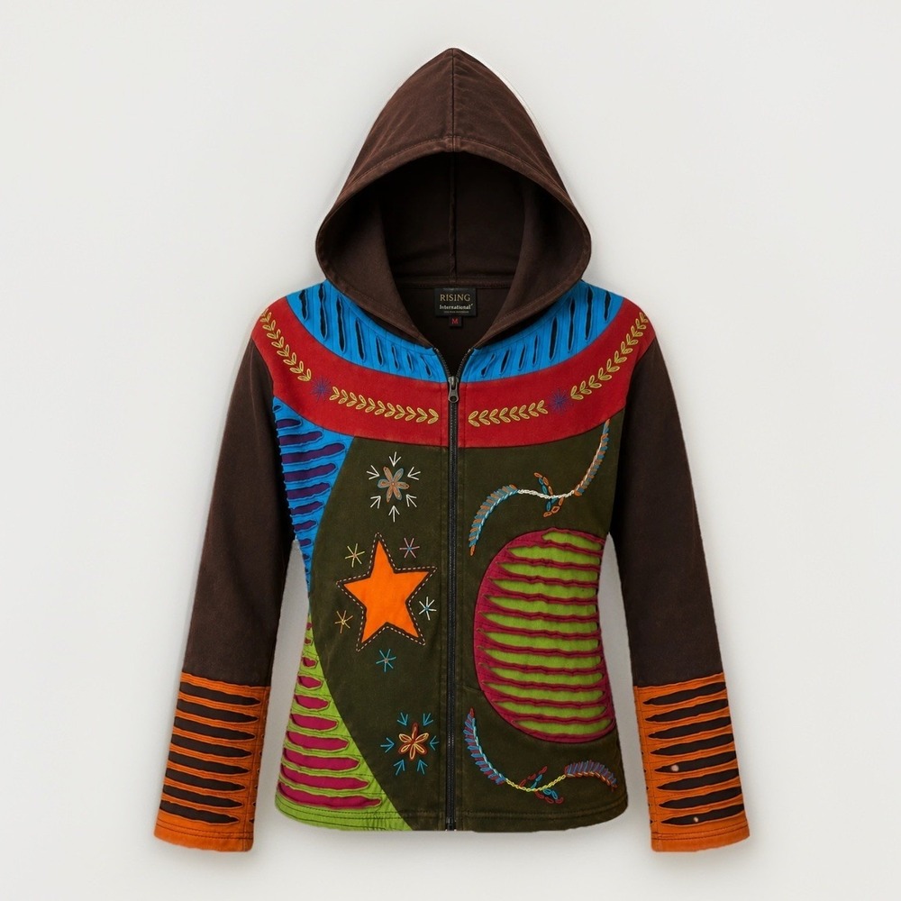 Vtg Rising International Patchwork Full Zip Hoodie Festival Boho Pixie Fairy‎ M